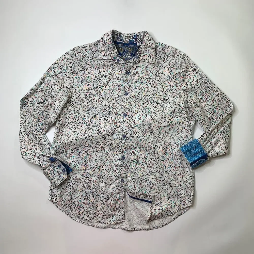 Robert Graham Shirt Men M Medium White Brisbane Classic Fit Confetti Polka Dots